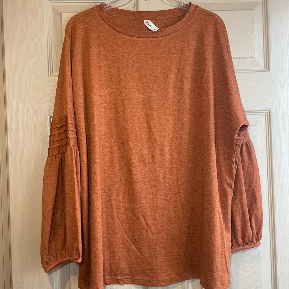 Tickled Teal Light Rust/Cinnamon Balloon Sleeve Scoop Neck Top, NWOT, Size XL